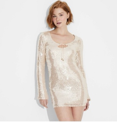 Women's Long Sleeve Sequin Mini Shift Holiday Dress - Wild Fable Champagne