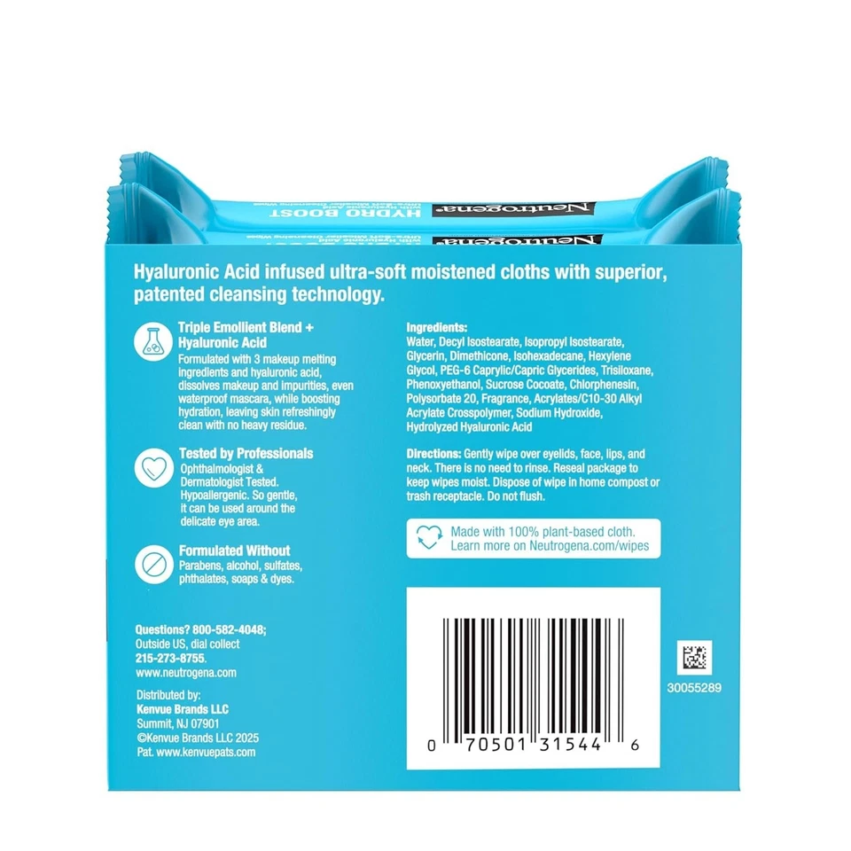 Toallitas limpiadoras micelares Neutrogena Hydro Boost 50ct - Desmaquillante hidratante Foto 2 de 4