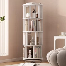 Solid Wood Rotating Bookshelf on Wheels, 4 Tier, Round Revolving Bookcase, 36...