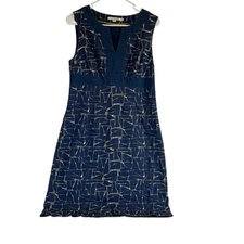 Women Boden A-Line Notch Neck Shift Dress Sheath Navy/Grey Abstract 8R Cotten