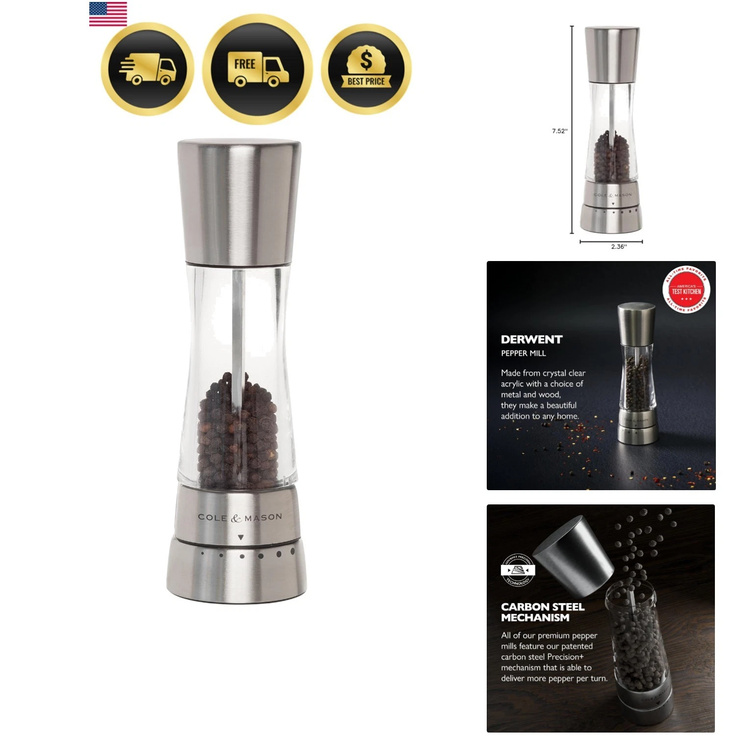 Derwent Pepper Mill - Refillable Pepper Grinder with Gourmet Precision Mechan...