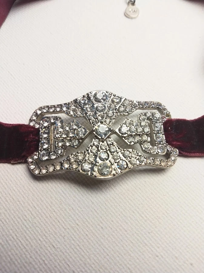 Silver Plate & Velvet Choker Collar Necklace Burgundy Gothic Halloween Retro 90s - Image 2 of 4