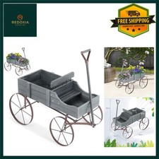 Decorative Wooden Wagon Garden Planter Outdoor Flower Cart Grey