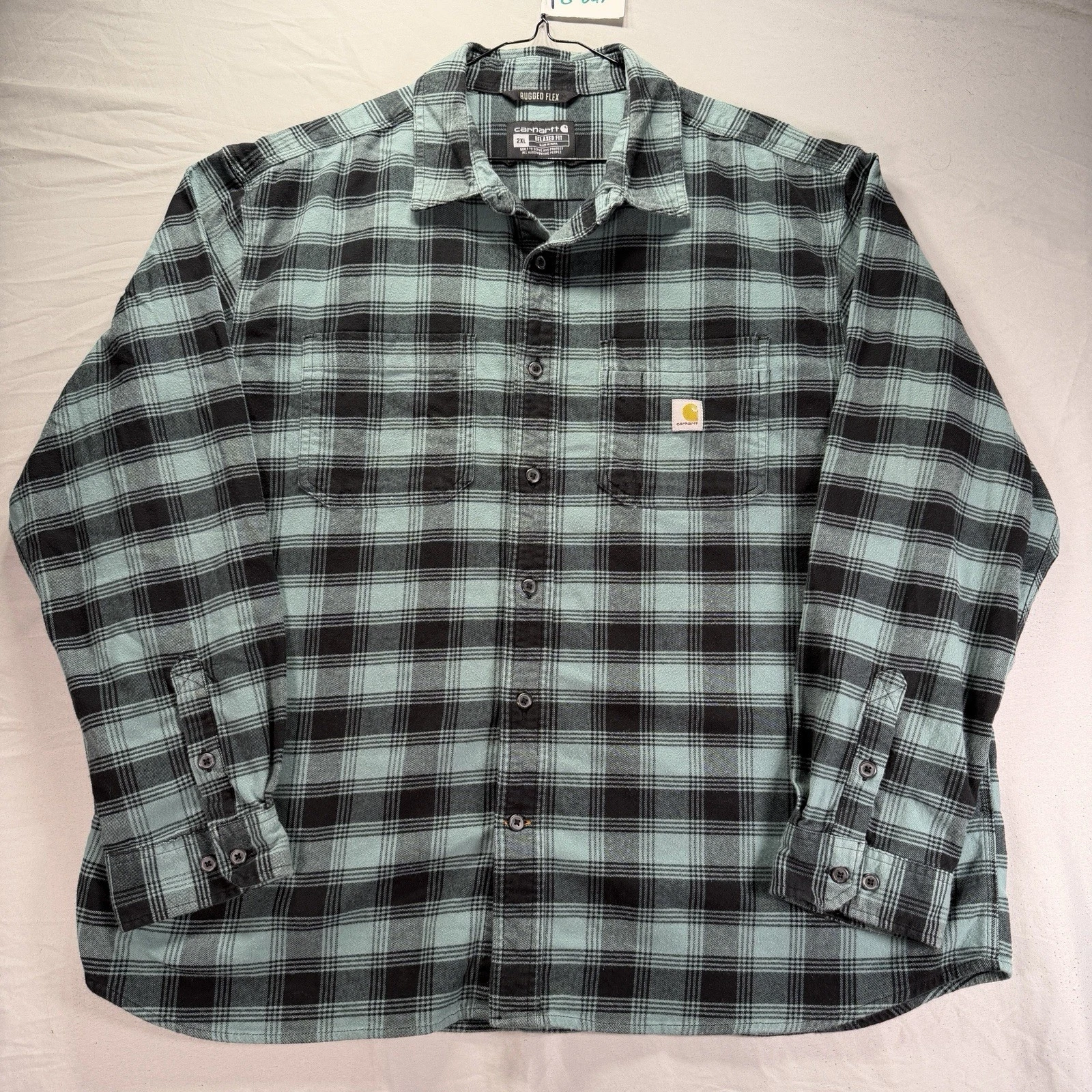 Carhartt Flannel Shirt Mens 2XL Blue Plaid Button Up Rugged Flex Outdoors Work
