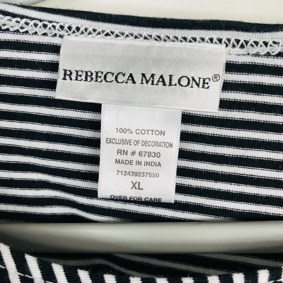 Top de algodón con apliques de flores a rayas talla XL Rebecca Malone negro blanco Foto 4 de 4