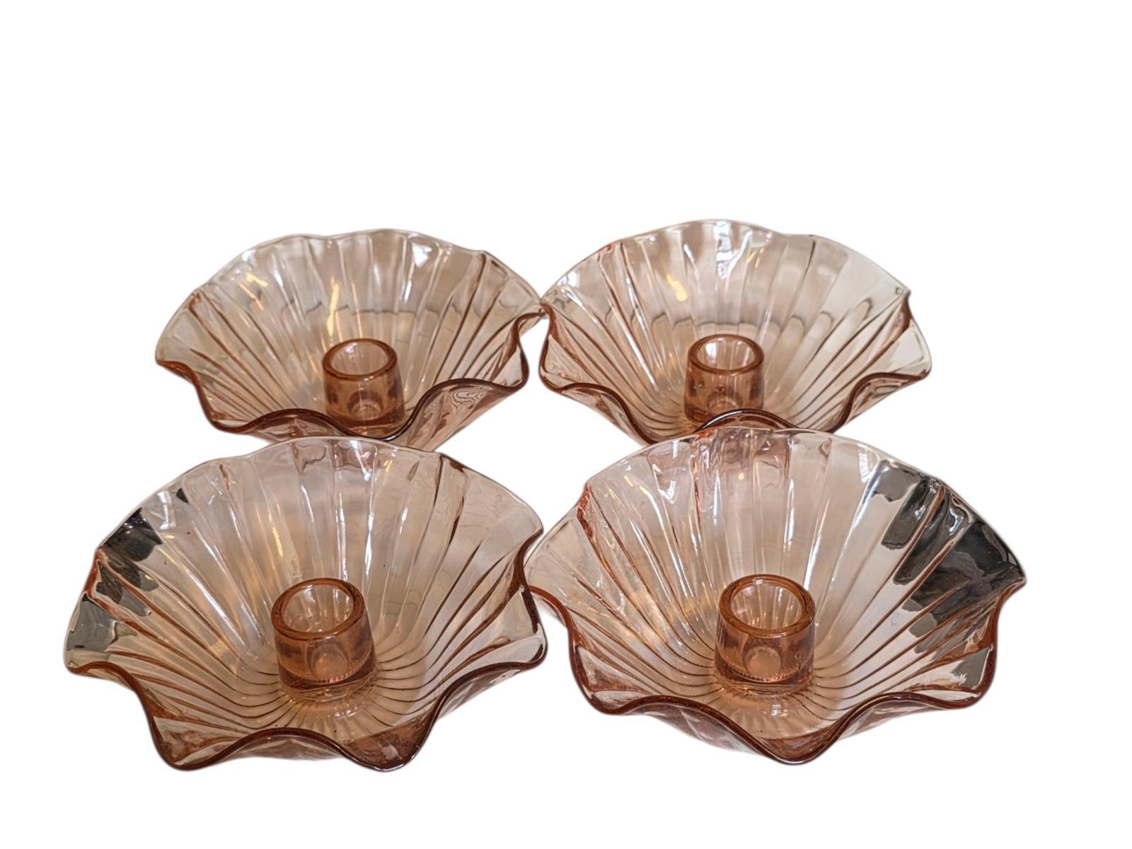 Vintage Pink Depression Glass Candlestick Holders Set of 4 Fluted Fan Shell