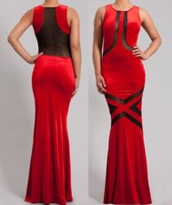 Red Velour Velvet Black Mesh Hourglass Mermaid Maxi Dress Gown S