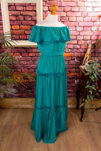 Vintage orig 70er Maxikleid türkis schulterfrei Carmen Kleid Boho Hippie M - Bild 3 von 5