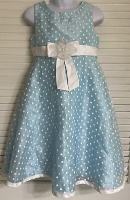 Jenny & Me Baby Blue White Dot Girl's Sleeveless Dress w/ Bow Tie, Size 6