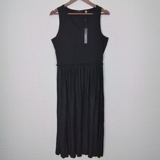 Tahari Dress M Black Career Pleated Maxi Length Sleeveless Elastic Waist V-Neck