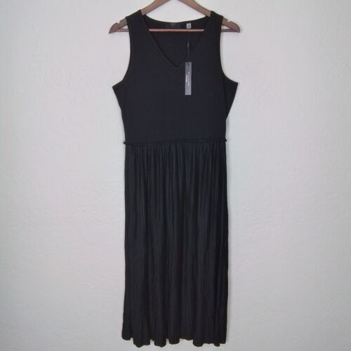Tahari Dress M Black Career Pleated Maxi Length Sleeveless Elastic Waist V-Neck