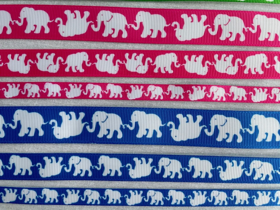 White elephant on Green Pink Blue grosgrain ribbon BTY 7/8” 5/8" 3/8" 1.5" - Image 3 of 4
