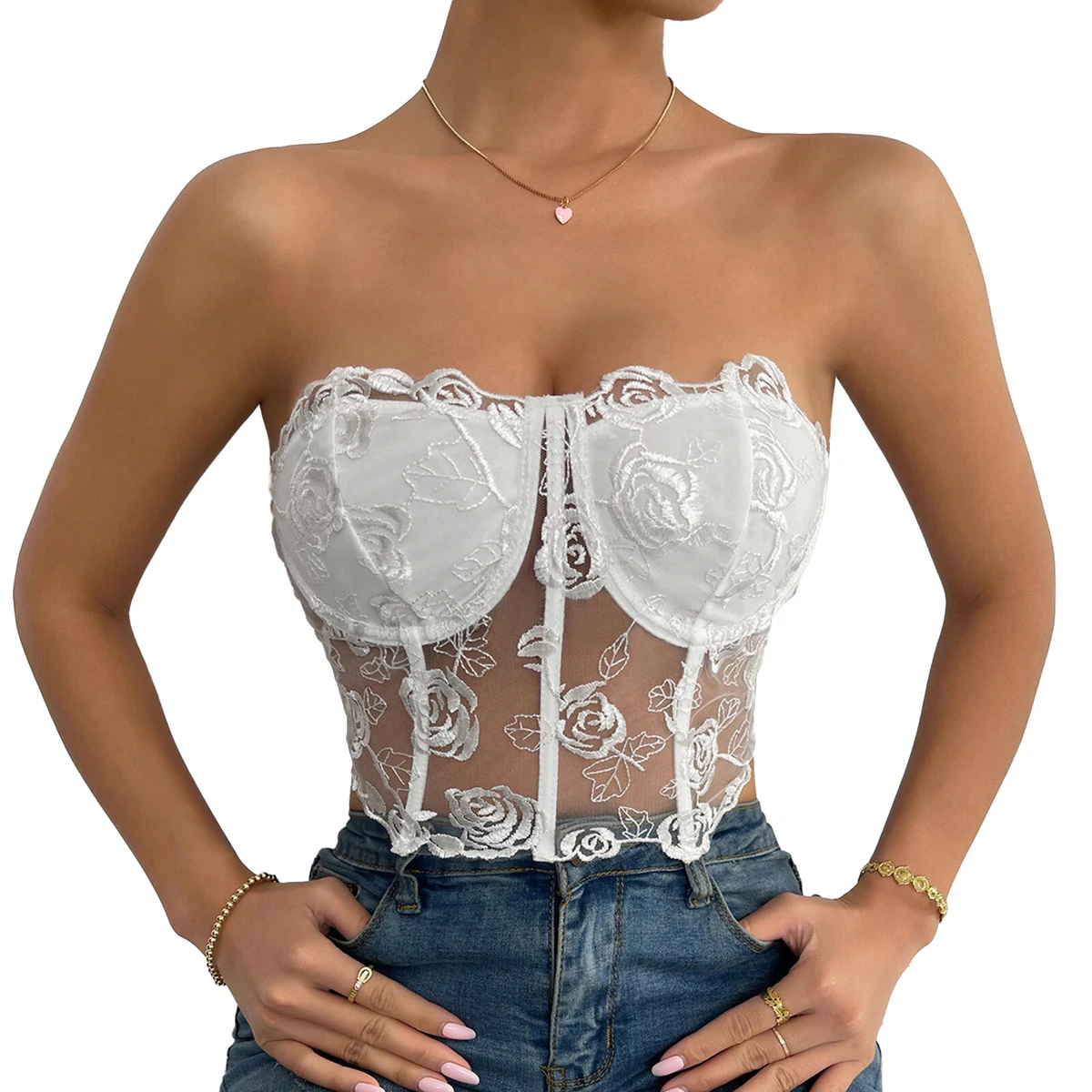 Womens Floral Lace Corset Bra Tops Strapless Underwire Bustier