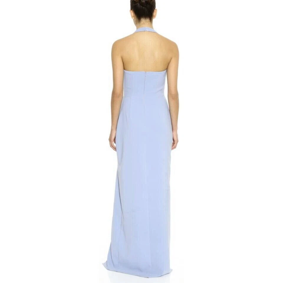 Vestido Formal Marchesa Notte Azul Polvoriento Halter Cuello en V Adornado Crepé 16 $795 Foto 4 de 4