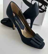 NINE WEST BLACK SATIN HIGH HEEL PUMP WITH SQUARE TOE AND PLEATED BOW S7