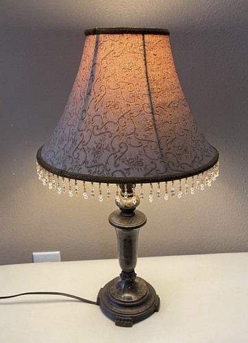 24” Faux Marble Table Lamp w Beaded Lamp Shade High End Vintage Decor - Picture 6 of 17
