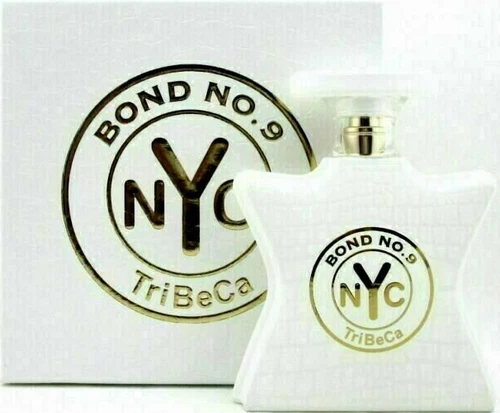 White rectangular bottle of BOND No 9 TRIBECA Eau de Parfum Spray with clear cap, gold lettering, and white box.