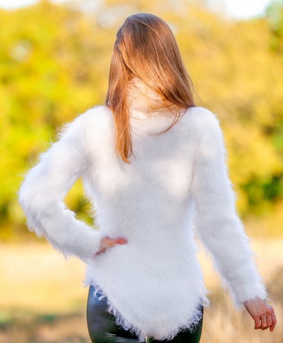 SUPERTANYA weißer Mohair Body flauschig extra lang Rollkragen Handstrick Pullover М - Bild 8 von 10