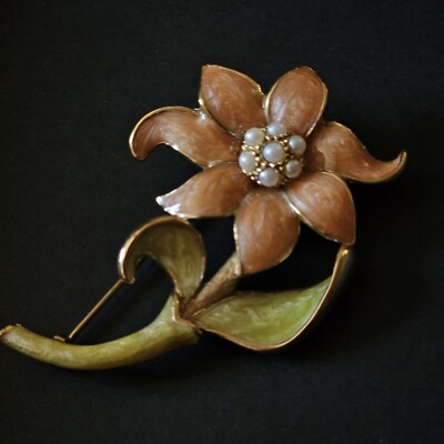 Broche Florale Vintage Métal Doré émail Vert Et Perles - 65x42mm - Occasion - Bijou Ancien