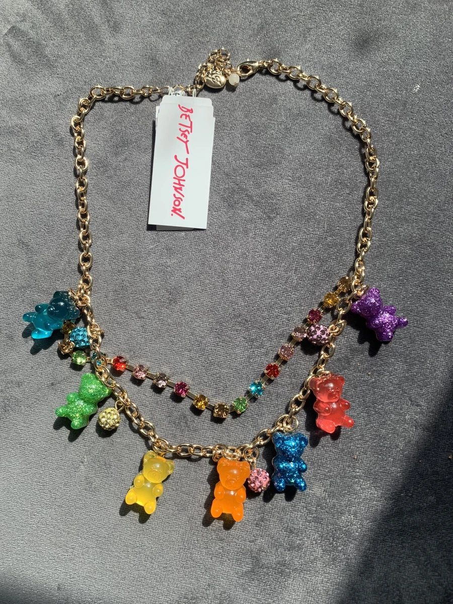 Betsey Johnson Gummy Bear Necklace gold Rhinestone Fireball authentic NEW