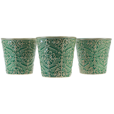 Keramik Übertopf Craquelé Glasur Grün Ø11cm H11cm 3er Set Blumen Deko