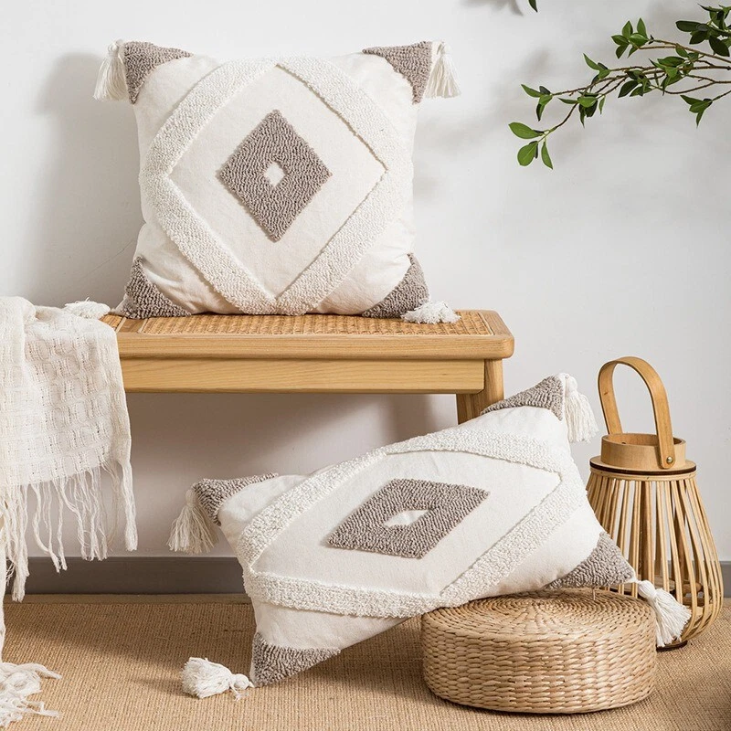 Woven Tufted Boho Striped Neutral Themed Lumbar Decorative Throw Pillow Covers