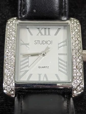 Studio Silver Tone Dial Crystal Accent Rectangle Case Black Band Watch 7.5 In