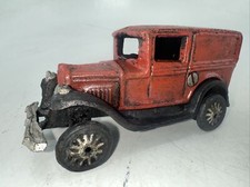 Vintage Cast Iron Toy Car Sedan Style Red and Silver 5 1/2" long