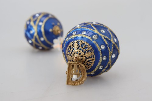 Dolce & Gabbana Gold Brass Blue Dangle Ball Crystal Clip On Earrings - Picture 8 of 9