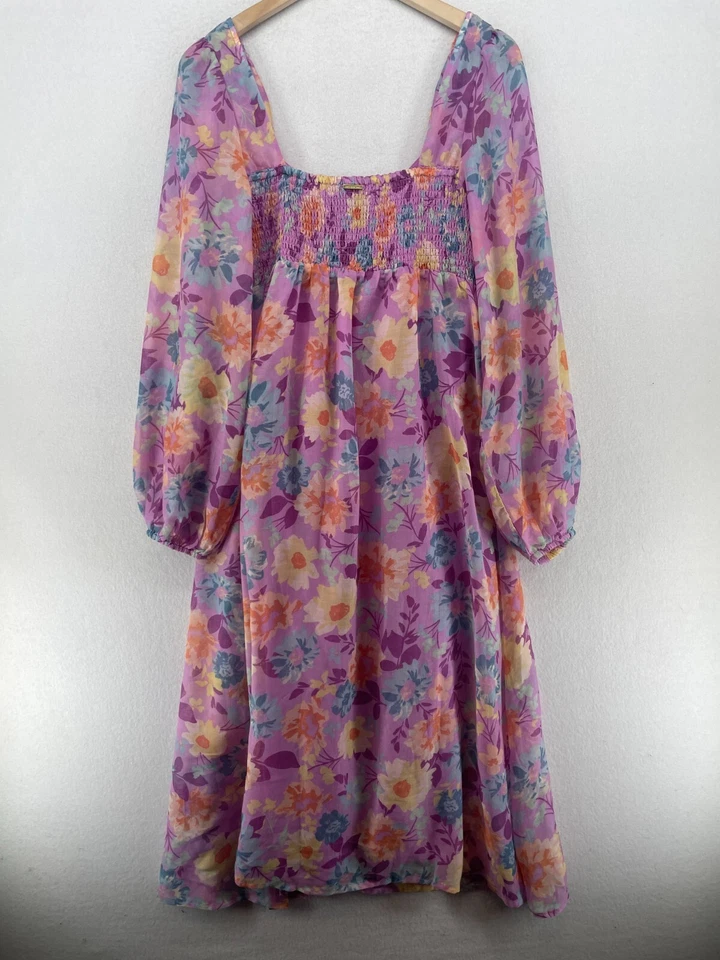 BILLABONG Dress L SALTY BLONDE Paradise Love Floral Smocked Balloon Sleeve Pink - Image 3 of 4