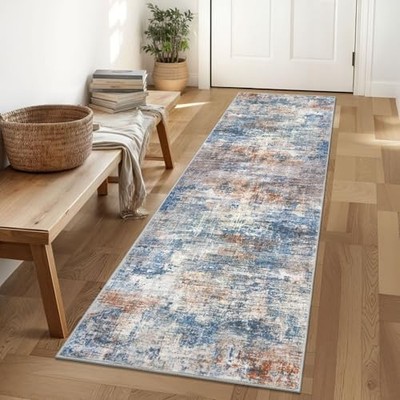  Abstract Runner Rug 2x6 Ft Washable Runners 2' x 6' (Runner) Blue/Rust/White