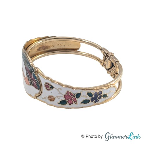 Brazalete Brazalete Vintage Cloisonne Esmaltado Grúa y Floral Tono Dorado Bisagras - Imagen 3 de 7