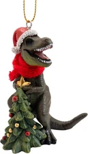 T Rex Dinosaur Putting Star On Top of Christmas Tree Ornament