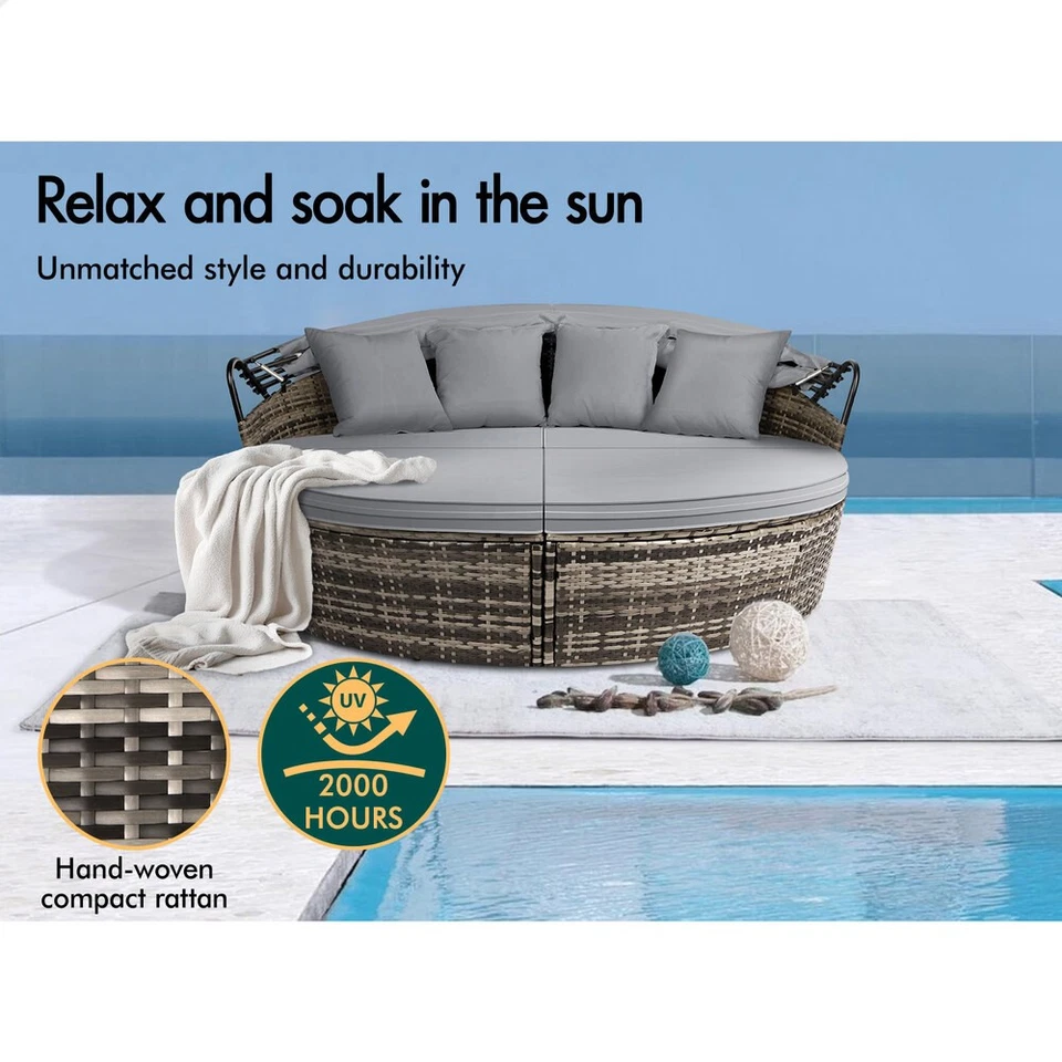 ALFORDSON Outdoor Sun Lounge Day Bed Wicker Furniture Sofa Bed Garden Grey 3PCS - image 4 of 4