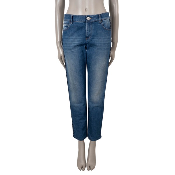 Jeans diritto CHANEL blu cotone 18B COCO NEIGE STIPE 73808 autentico taglia 40 M