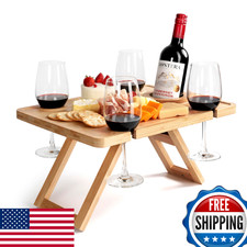 Outdoor Wine Picnic Table, Wooden Folding Picnic Table with Glass Holder, Bamboo