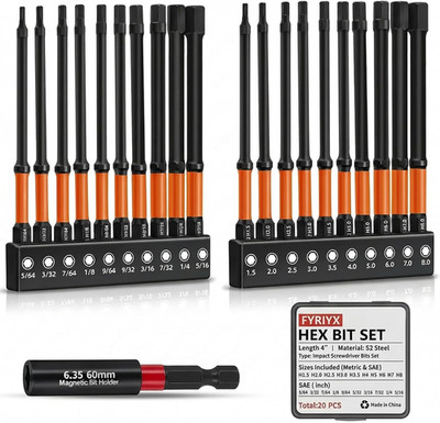 20-Piece 4'' Long Hex Bit Set   Metric & SAE Allen Wrench Drill Bits with 1/4''