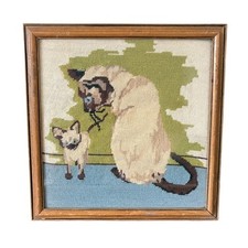Vtg Needlepoint SIAMESE Cat  Kitten 70s Handmade Cross stitch frame READ 