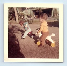 Old Vintage Square Color Photo BOY GIRL RIDING TOY HORSE TRICYCLE SHADOW PIC