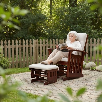 Solid Wood Glider and Ottoman Set Rubber Wood Rocking Chair +Cream White Cushion