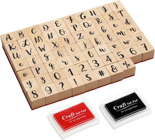 70Pcs Alphabet  Numbers Wood Stamp Set Letter Stamps with 2 Pad Wooden Rubber
