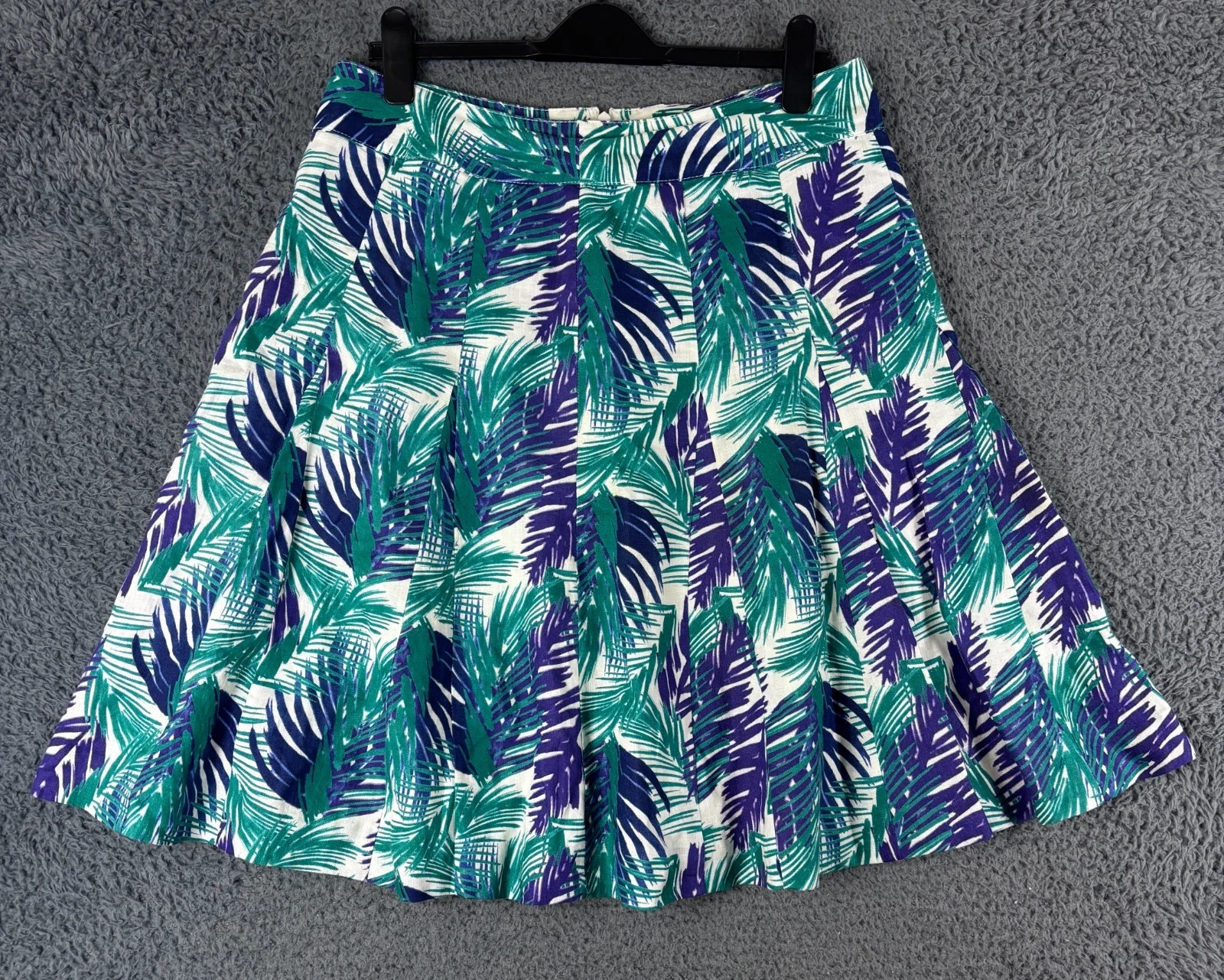 Laura Ashley Midi Skirt Women UK 14 Blue Green 100% Linen A Line Floral Hawaiian