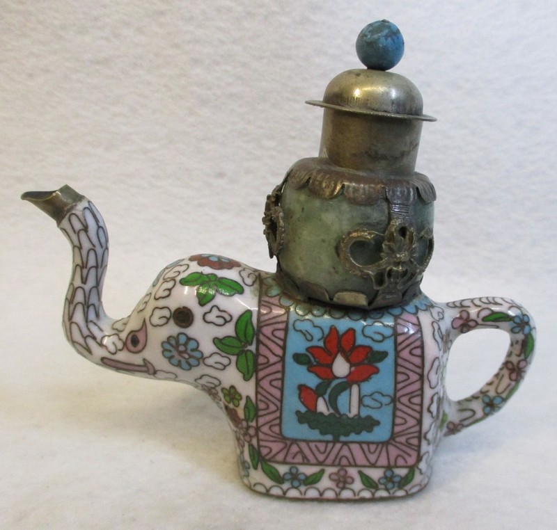 Vintage Cloisonne Tea Pot Elephant with metal and Jade attached with Lid