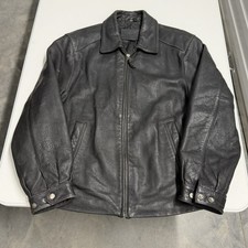 St Johns Bay Mens Black Pebbled Leather Bomber Jacket Full Zip Medium Distressed