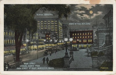 Worcester MA Main Street Night View Slater State Mutual Buildings 1917 Postcard
