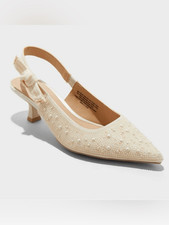 Pearl-Embellished Cream Slingback Kitten Heel