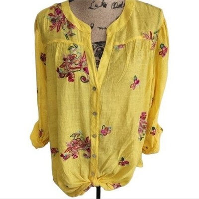 Anthropologie x Fig & Flower yellow embroidered floral button-down shirt plus 3X
