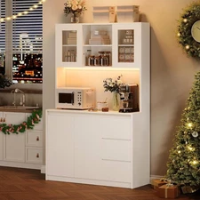 70" Tall Pantry Cabinet w/LED Lights ,Kitchen Storage Hutch with Microwave Stand