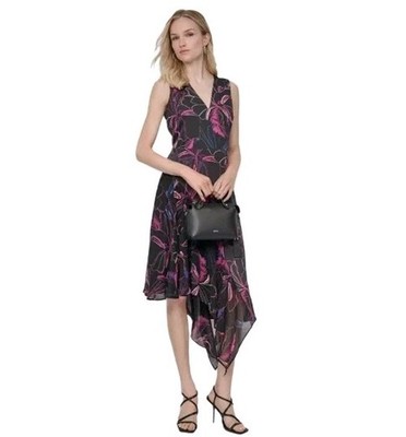 DKNY Asymmetric Printed V Neck Chiffon Midi Dress Size 12 NWT