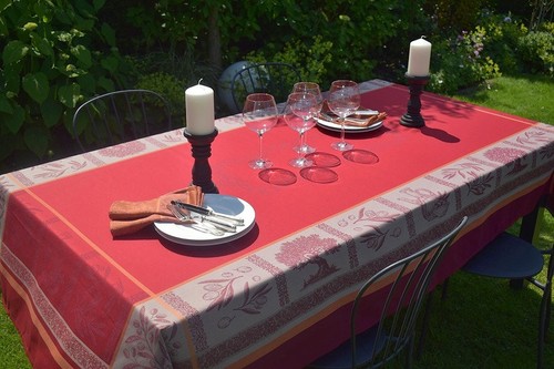 Jacquard Tablecloth Red 150x200 Cm With Olive Motif From France Easy Care - Picture 3 of 6